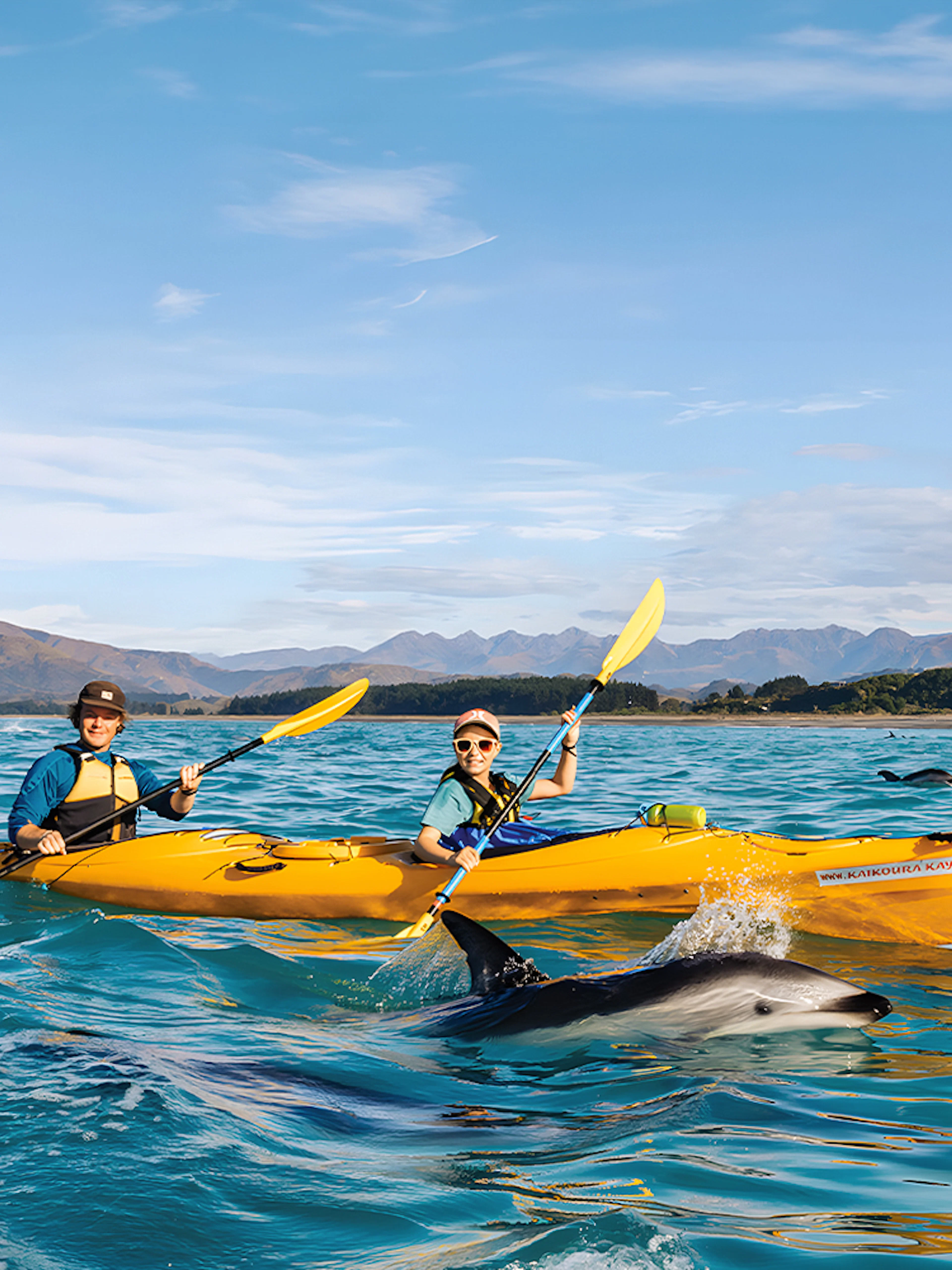 Two people kayaking with dolphins in Kaikoura, New Zealand.