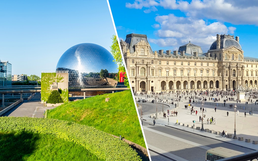 Science & Industry Museum geodesic dome and Louvre Museum courtyard in Paris.