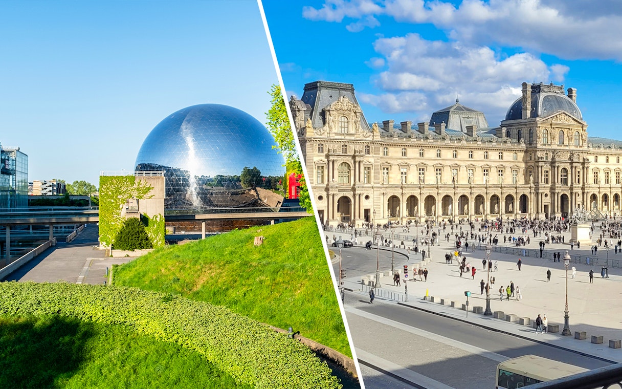 Science & Industry Museum geodesic dome and Louvre Museum courtyard in Paris.