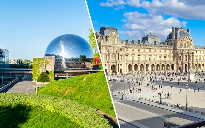 Science & Industry Museum geodesic dome and Louvre Museum courtyard in Paris.