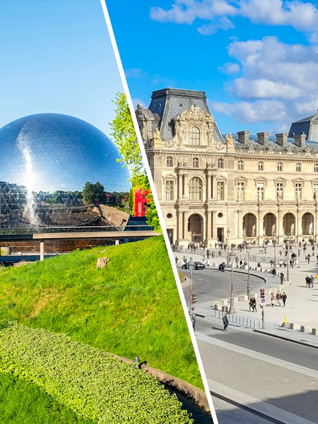 Science & Industry Museum geodesic dome and Louvre Museum courtyard in Paris.