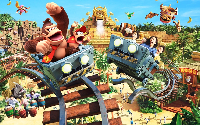 Roller coaster ride with Donkey Kong characters at Universal Studios Japan.