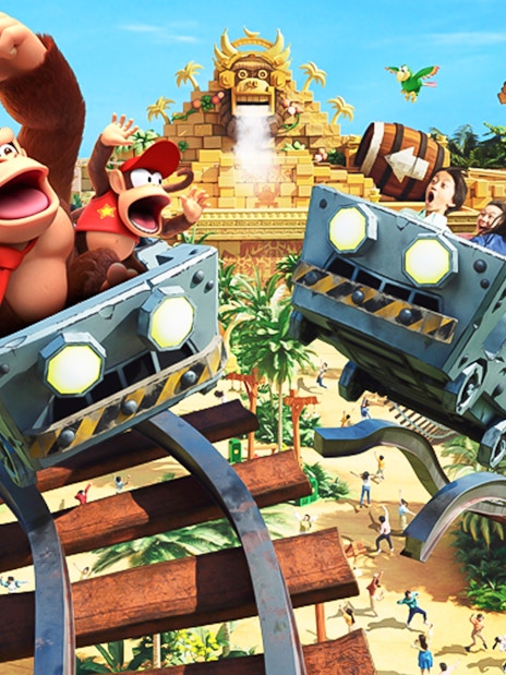 Roller coaster ride with Donkey Kong characters at Universal Studios Japan.
