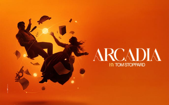 Arcadia play poster with floating figures and objects, Westend production.