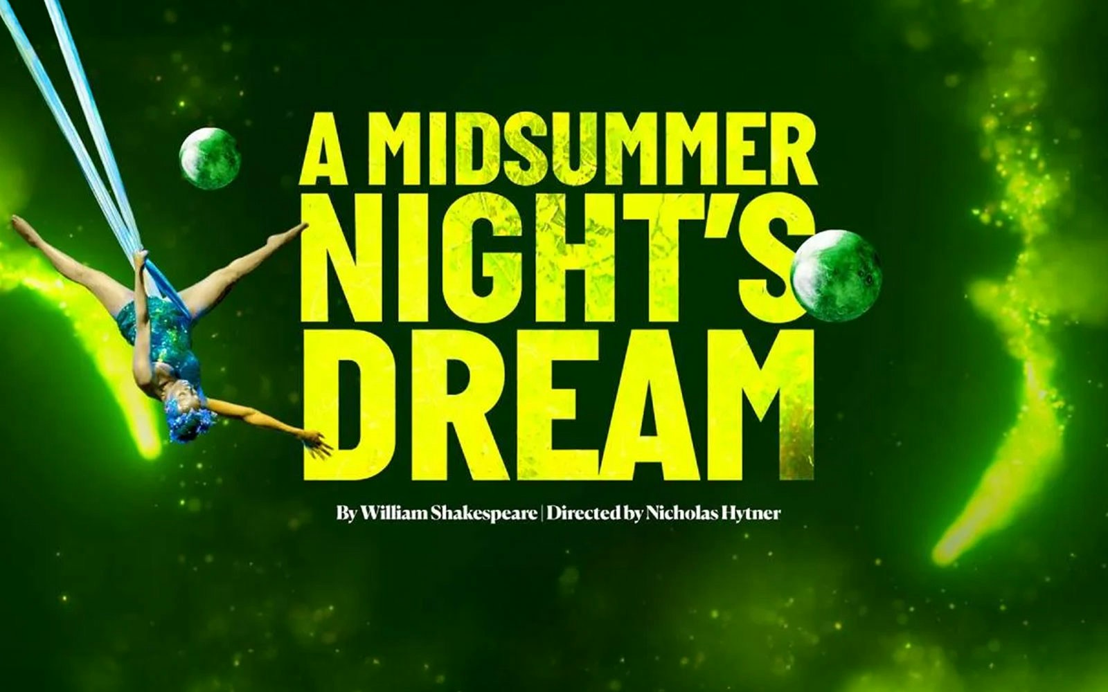 Acrobat performing in front of "A Midsummer Night’s Dream" title on a green background.