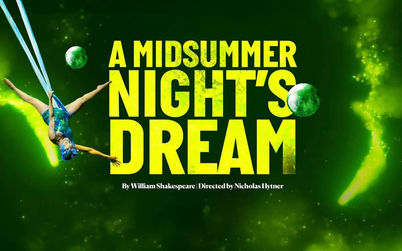 Acrobat performing in front of "A Midsummer Night’s Dream" title on a green background.