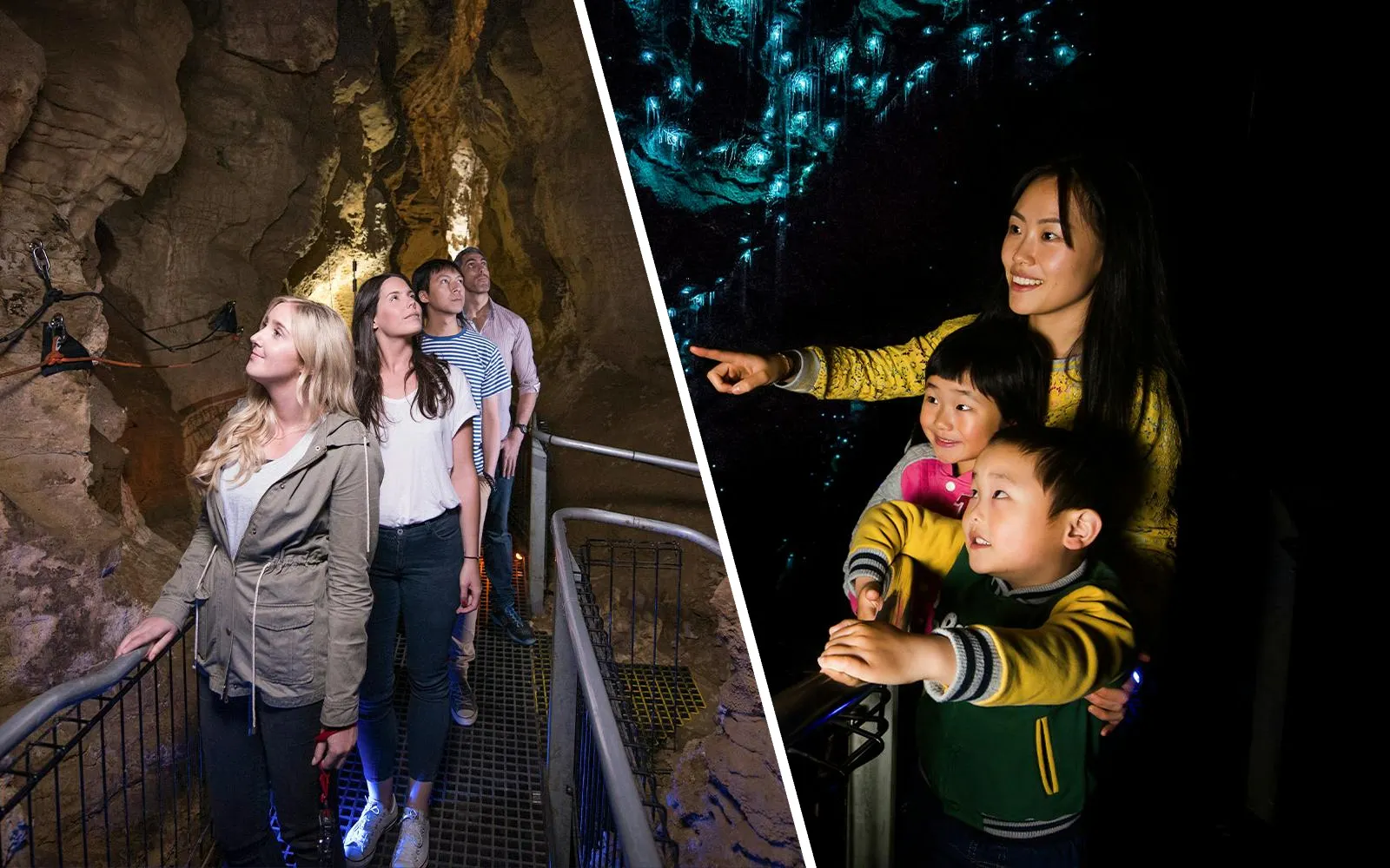 Visitors exploring Waitomo Glowworm Caves, observing glowworms illuminating the cave walls.
