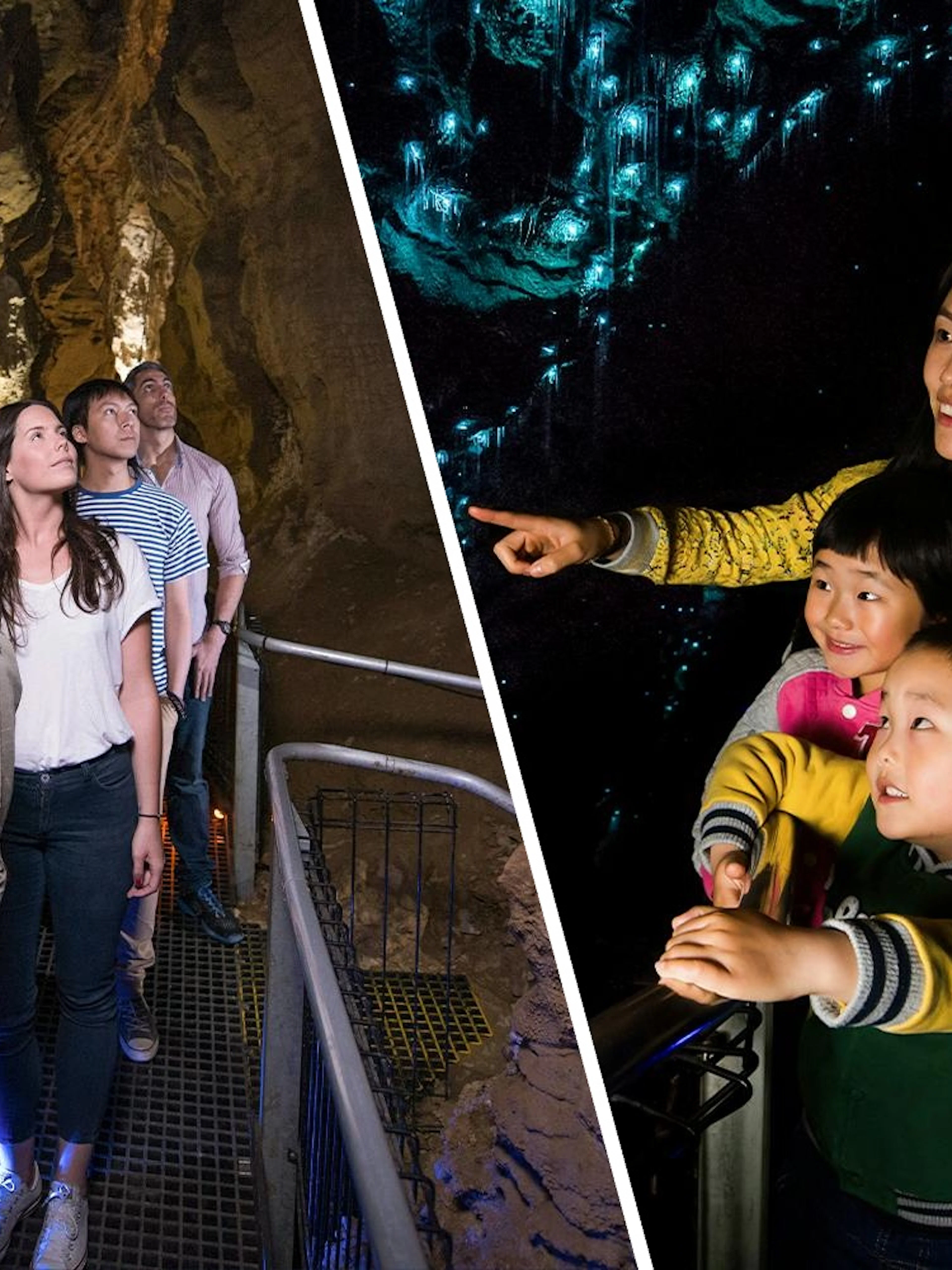 Visitors exploring Waitomo Glowworm Caves, observing glowworms illuminating the cave walls.
