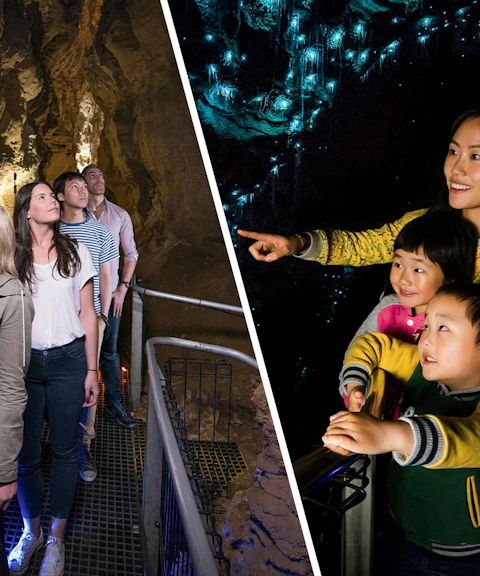 Visitors exploring Waitomo Glowworm Caves, observing glowworms illuminating the cave walls.