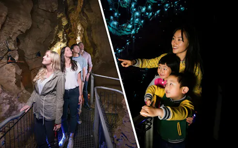 Visitors exploring Waitomo Glowworm Caves, observing glowworms illuminating the cave walls.