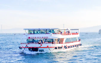 Cruise ship on Bosphorus during sightseeing tour with bridge in background.