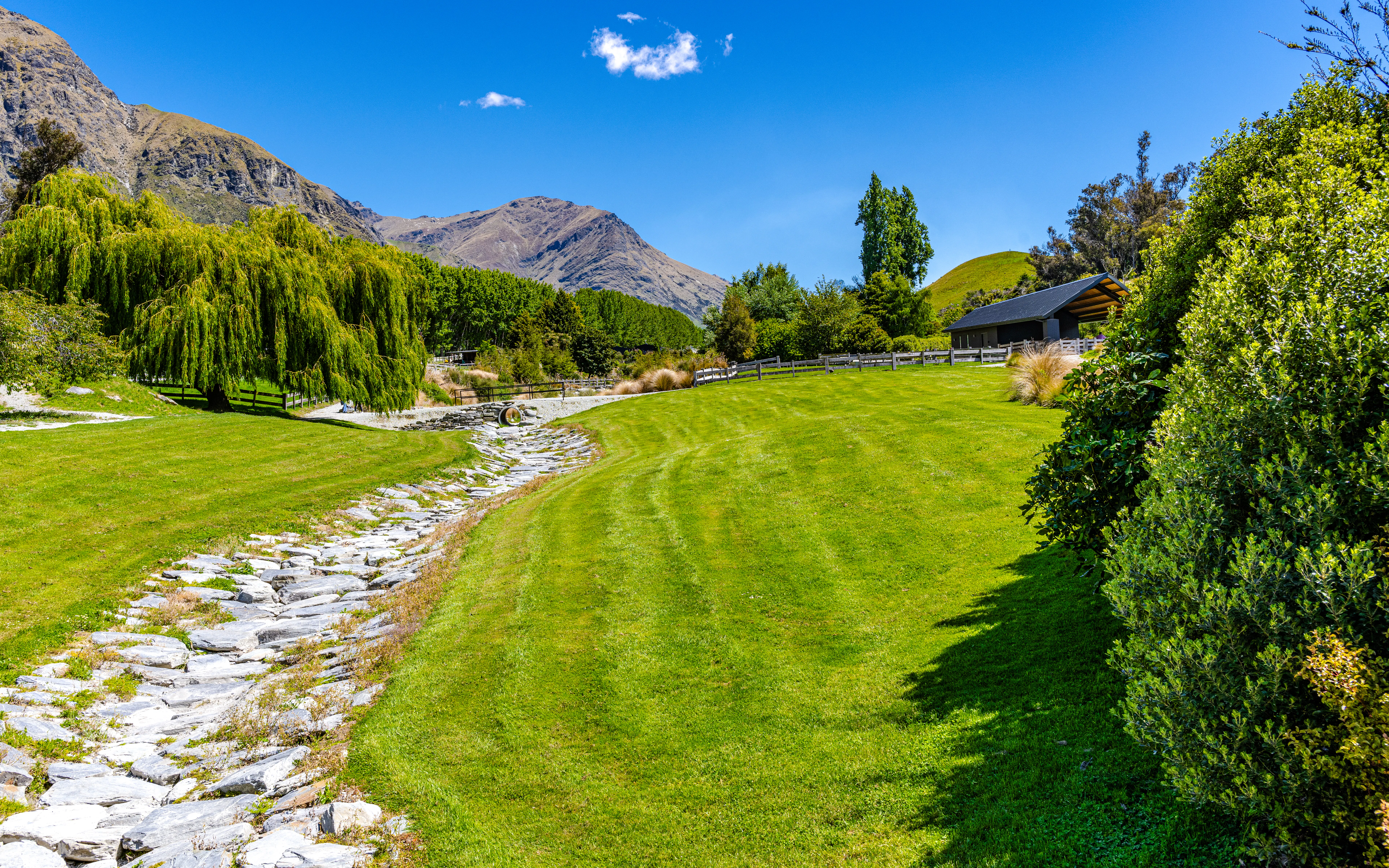 Gardens at Walter Peak High Country Farm with mountain backdrop and lush greenery.