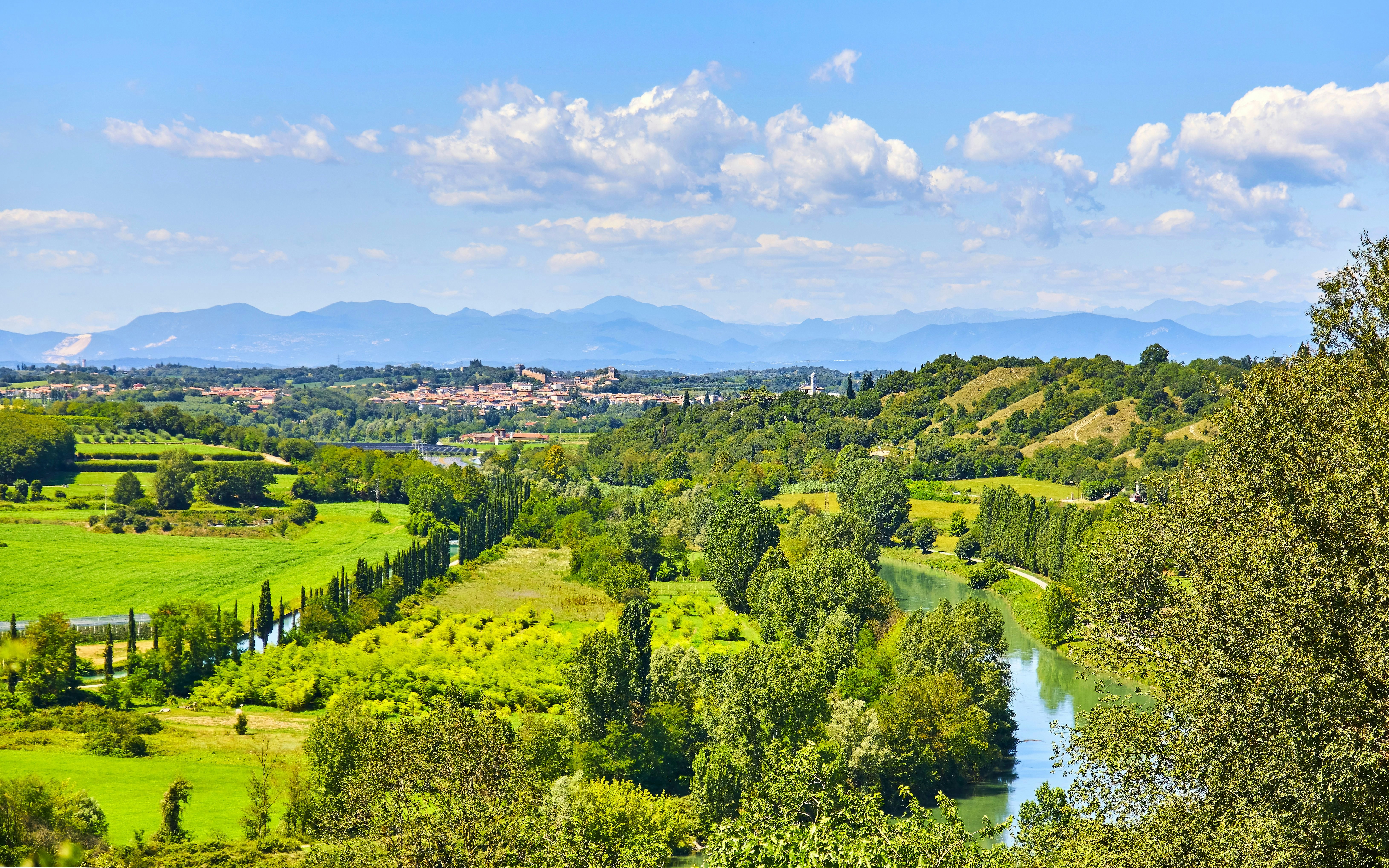 Panoramic view from Sigurtà Garden Park into the Mincio River valley near Valeggio, Italy.