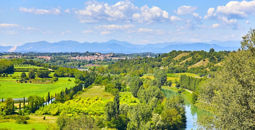 Panoramic view from Sigurtà Garden Park into the Mincio River valley near Valeggio, Italy.