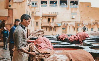 Tannery workers processing leather in Fes, Morocco.
