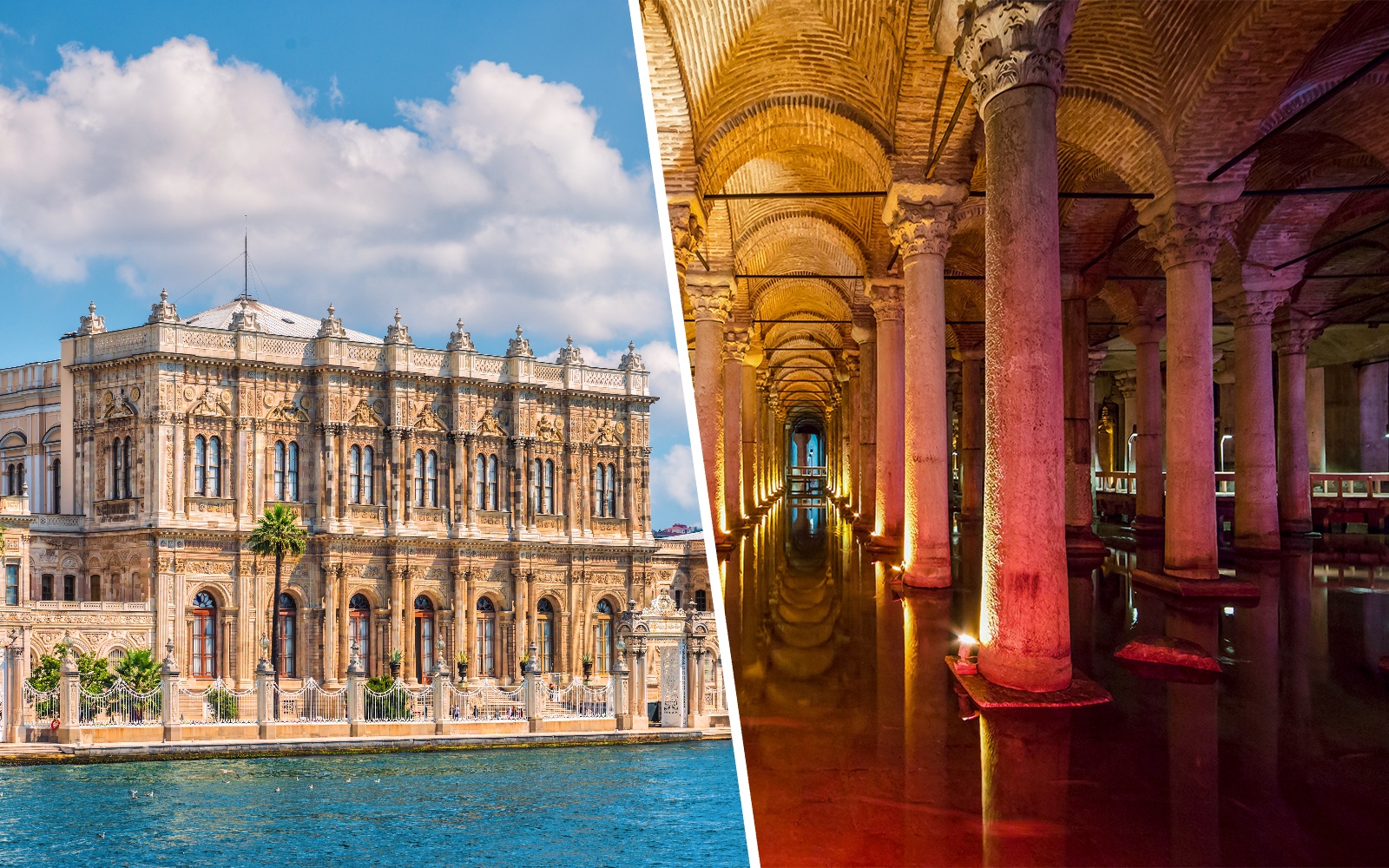 Dolmabahce Palace exterior and interior view with ornate architecture and columns in Istanbul.