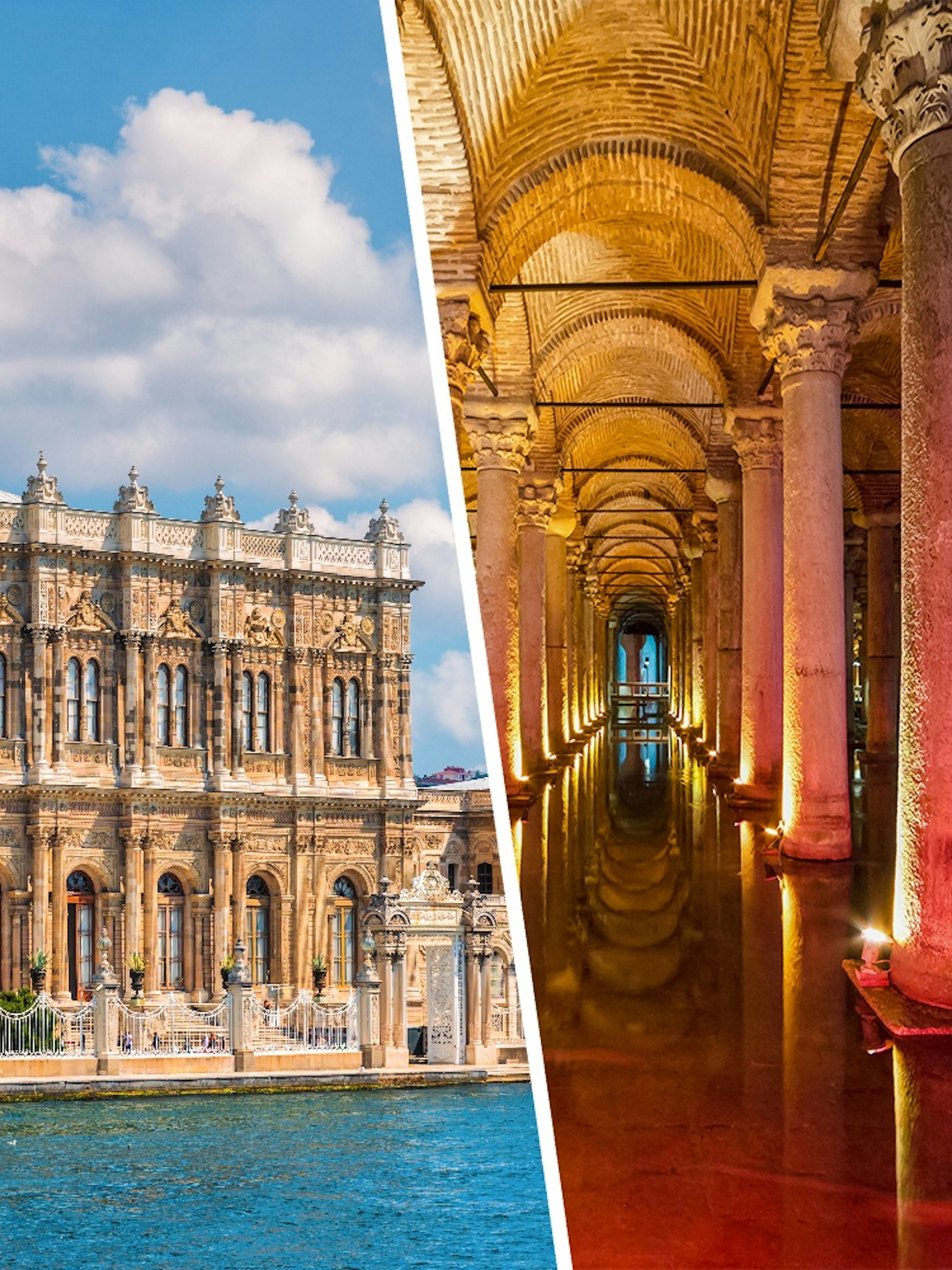 Dolmabahce Palace exterior and interior view with ornate architecture and columns in Istanbul.