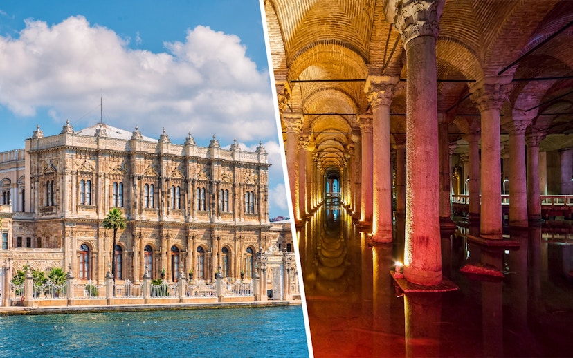 Dolmabahce Palace exterior and interior view with ornate architecture and columns in Istanbul.