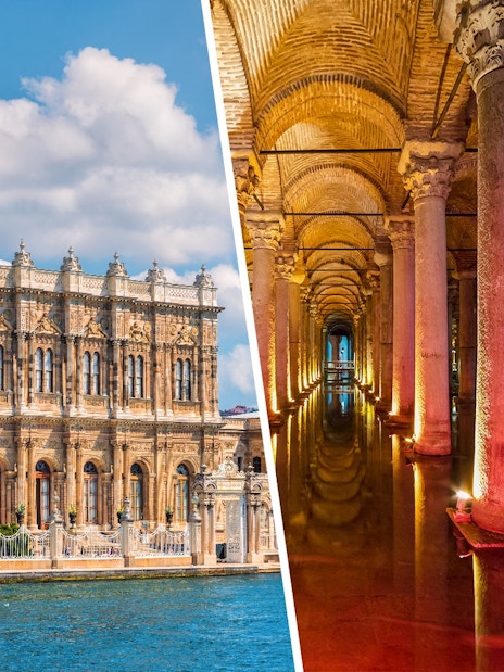 Dolmabahce Palace exterior and interior view with ornate architecture and columns in Istanbul.