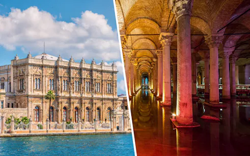 Dolmabahce Palace exterior and interior view with ornate architecture and columns in Istanbul.