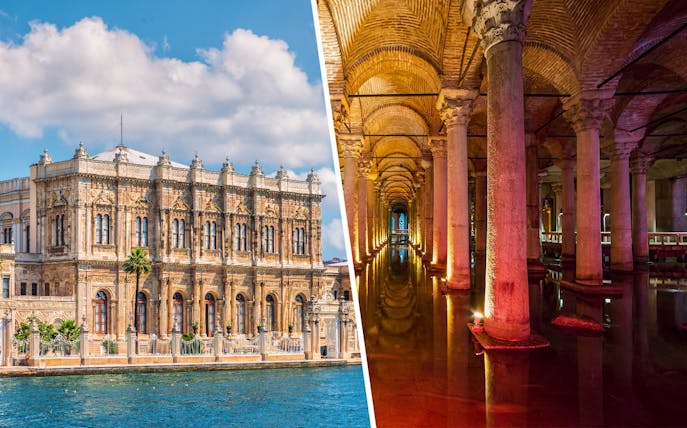 Dolmabahce Palace exterior and interior view with ornate architecture and columns in Istanbul.
