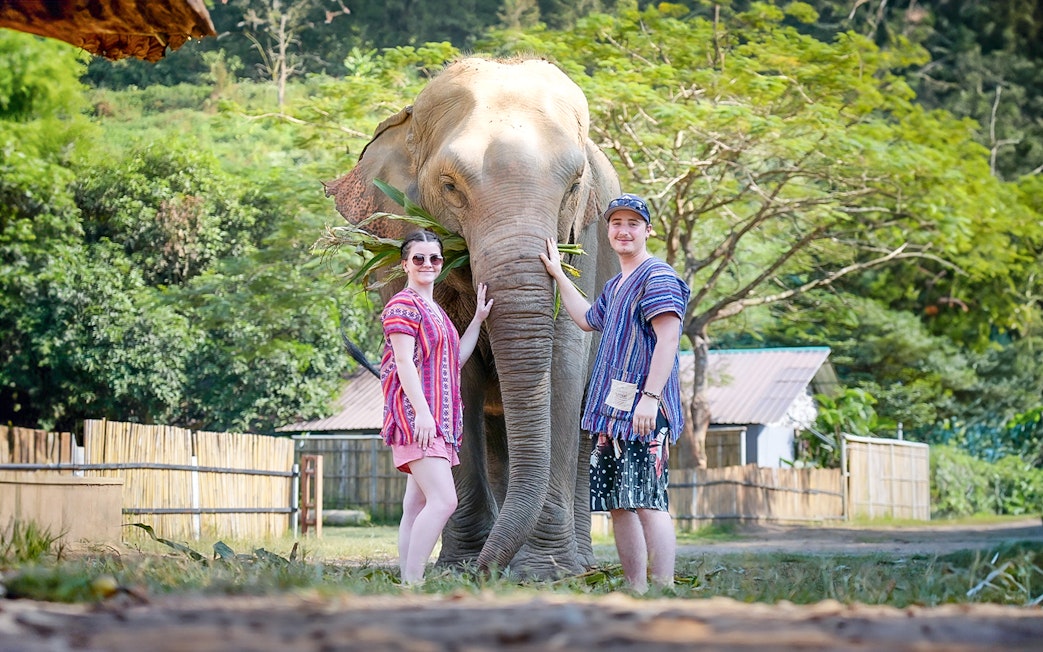 Couple posing with an elephant at a sanctuary in a lush, green setting.