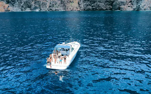 Boat with tourists on dolphin and whale watching tour near Calheta cliffs.