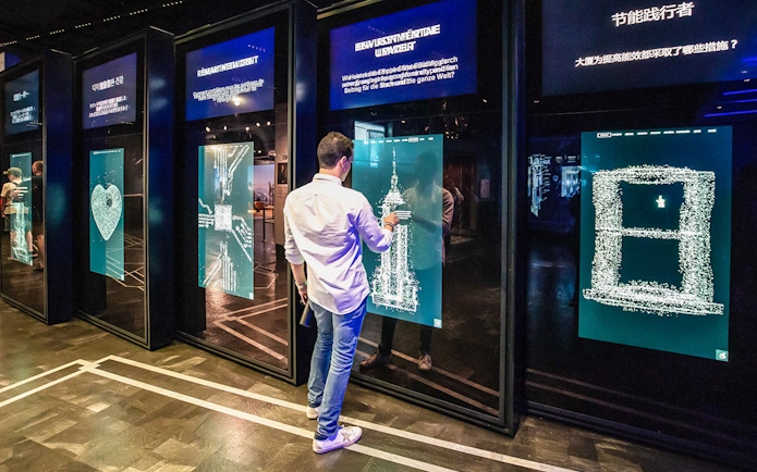 Interactive digital display on the 86th floor during VIP Sunrise Experience with Starbucks Reserve.