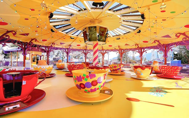 B.Duck themed teacups ride at Fuji-Q Highland, Japan, with colorful teacups and festive decor.