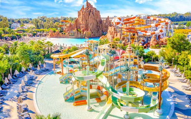 Aerial view of water slides at The Land of Legends theme park.