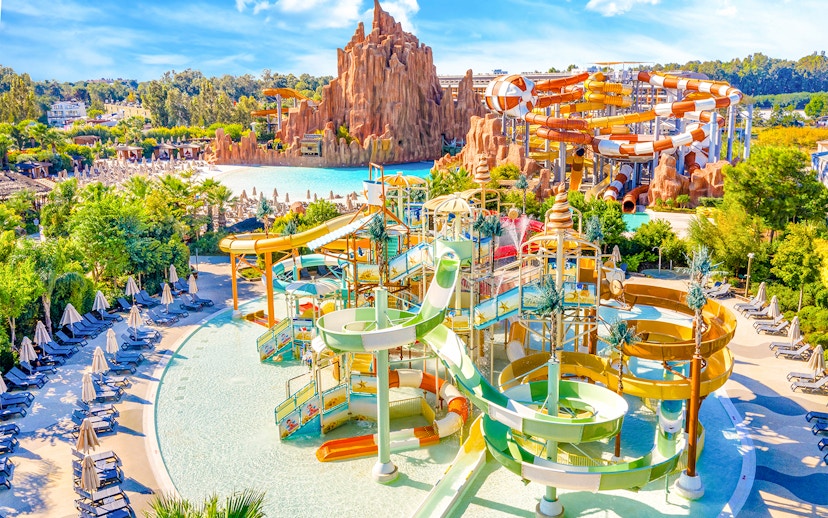 Aerial view of water slides at The Land of Legends theme park.