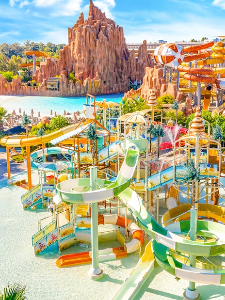 Aerial view of water slides at The Land of Legends theme park.