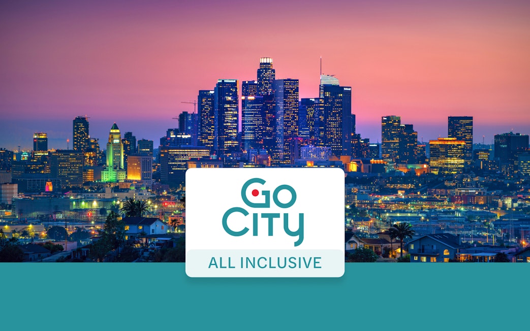 Los Angeles skyline at sunset with Go City All-Inclusive Pass logo.