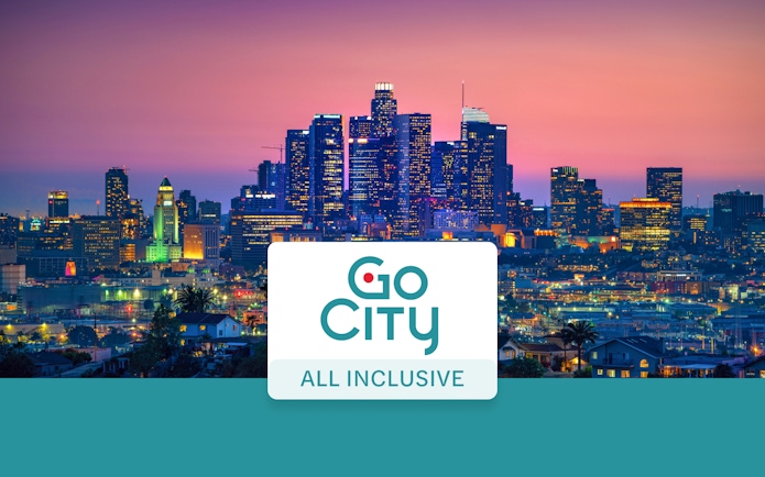 Los Angeles skyline at sunset with Go City All-Inclusive Pass logo.