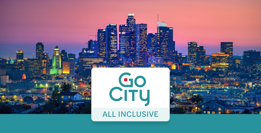 Los Angeles skyline at sunset with Go City All-Inclusive Pass logo.