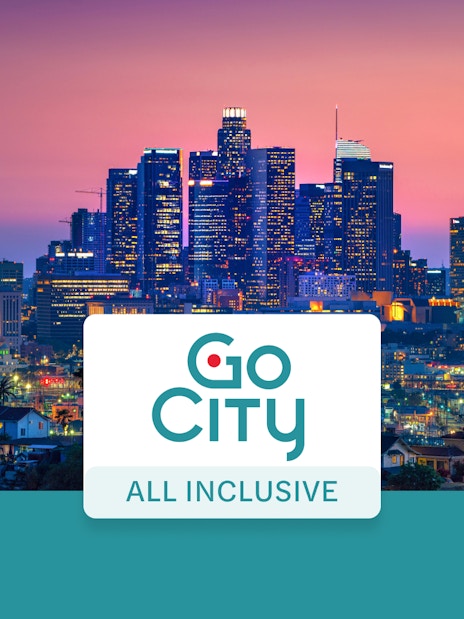 Los Angeles skyline at sunset with Go City All-Inclusive Pass logo.
