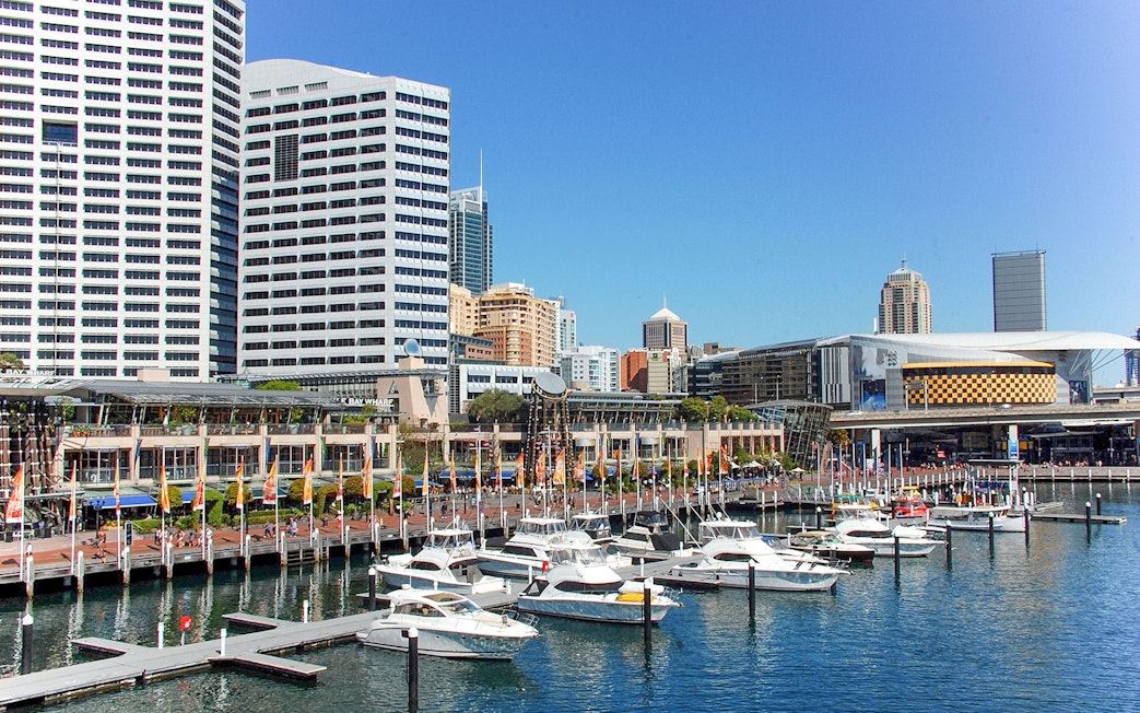 Boats docked at Darling Harbour with city skyline in Sydney.