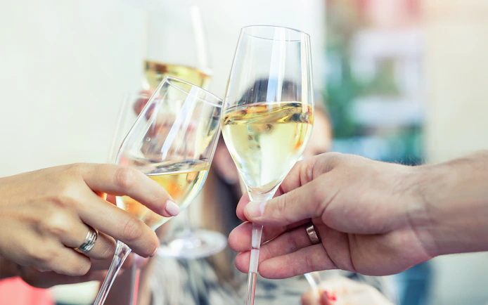 Guests toasting with prosecco on Budapest evening cruise.