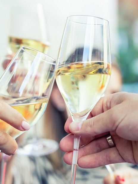 Guests toasting with prosecco on Budapest evening cruise.