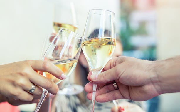 Guests toasting with prosecco on Budapest evening cruise.