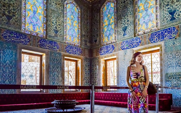 Interior of Topkapi Palace Harem with stained glass windows, Istanbul Welcome Card.