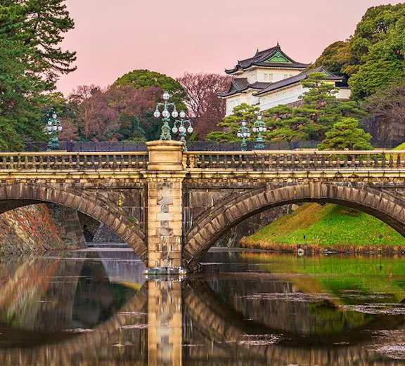 Imperial Palace bridge over moat at sunset, Tokyo, Japan.