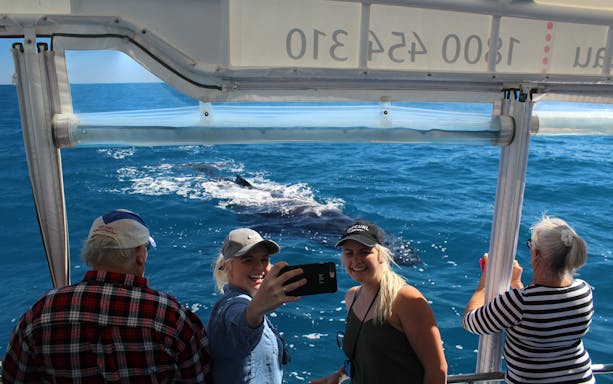 Two women take a selfie on a boat as a humpback whale swims by in Hervey Bay.