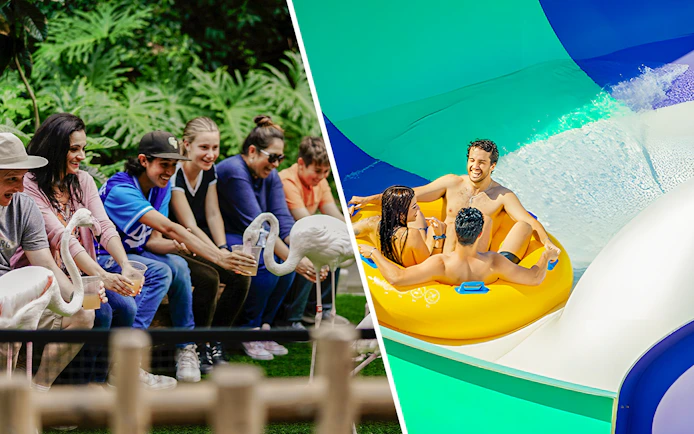 Rafting down a colorful water slide at Aquopolis Villanueva de la Cañada's Waikiki Jungle.