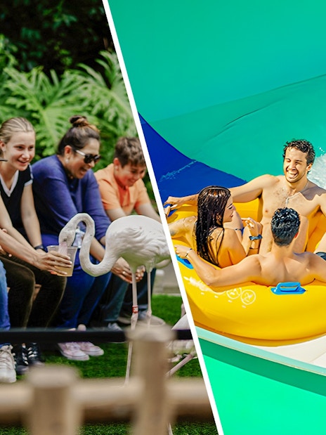 Rafting down a colorful water slide at Aquopolis Villanueva de la Cañada's Waikiki Jungle.