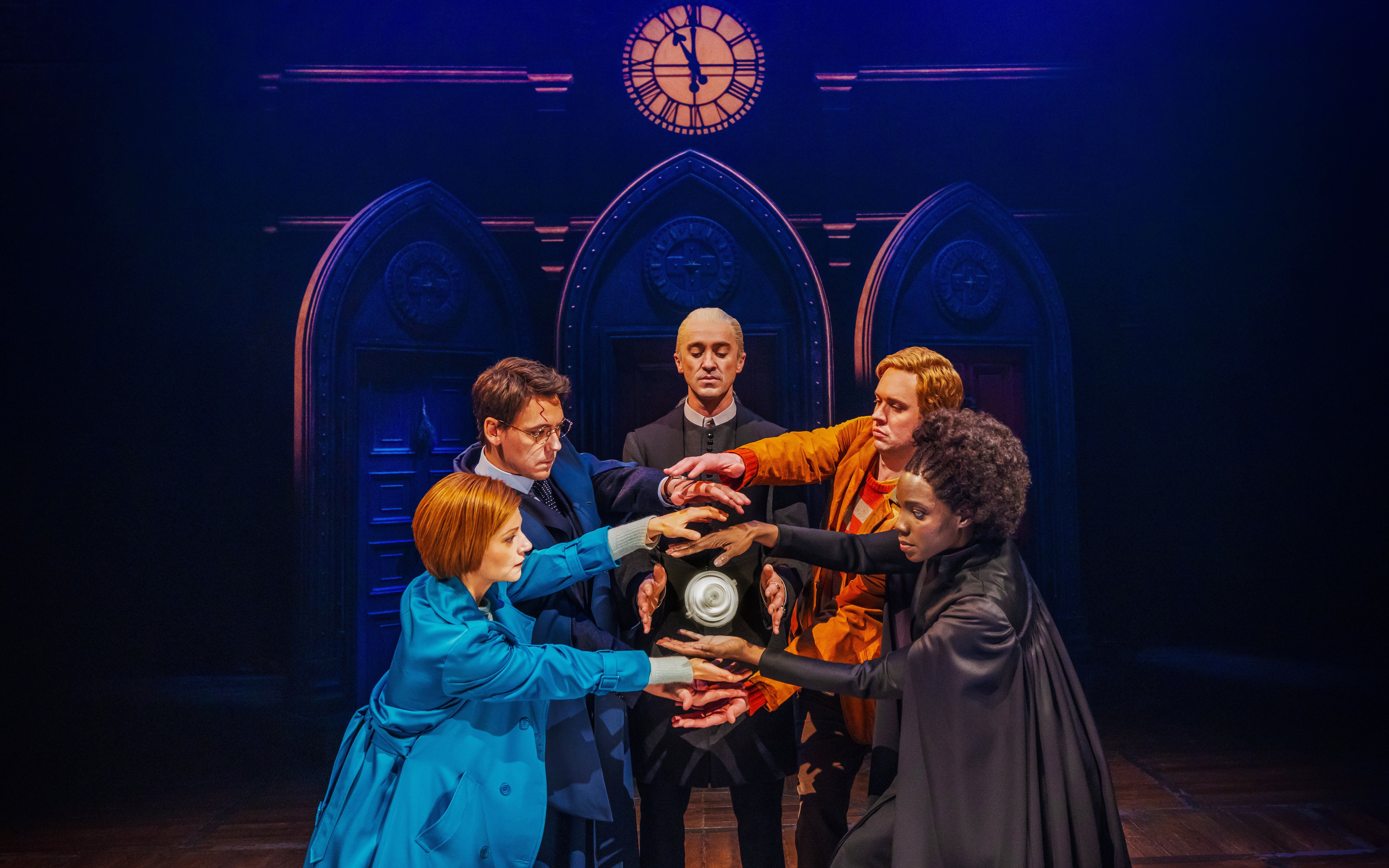 Actors performing a magical scene in Harry Potter and the Cursed Child on Broadway.