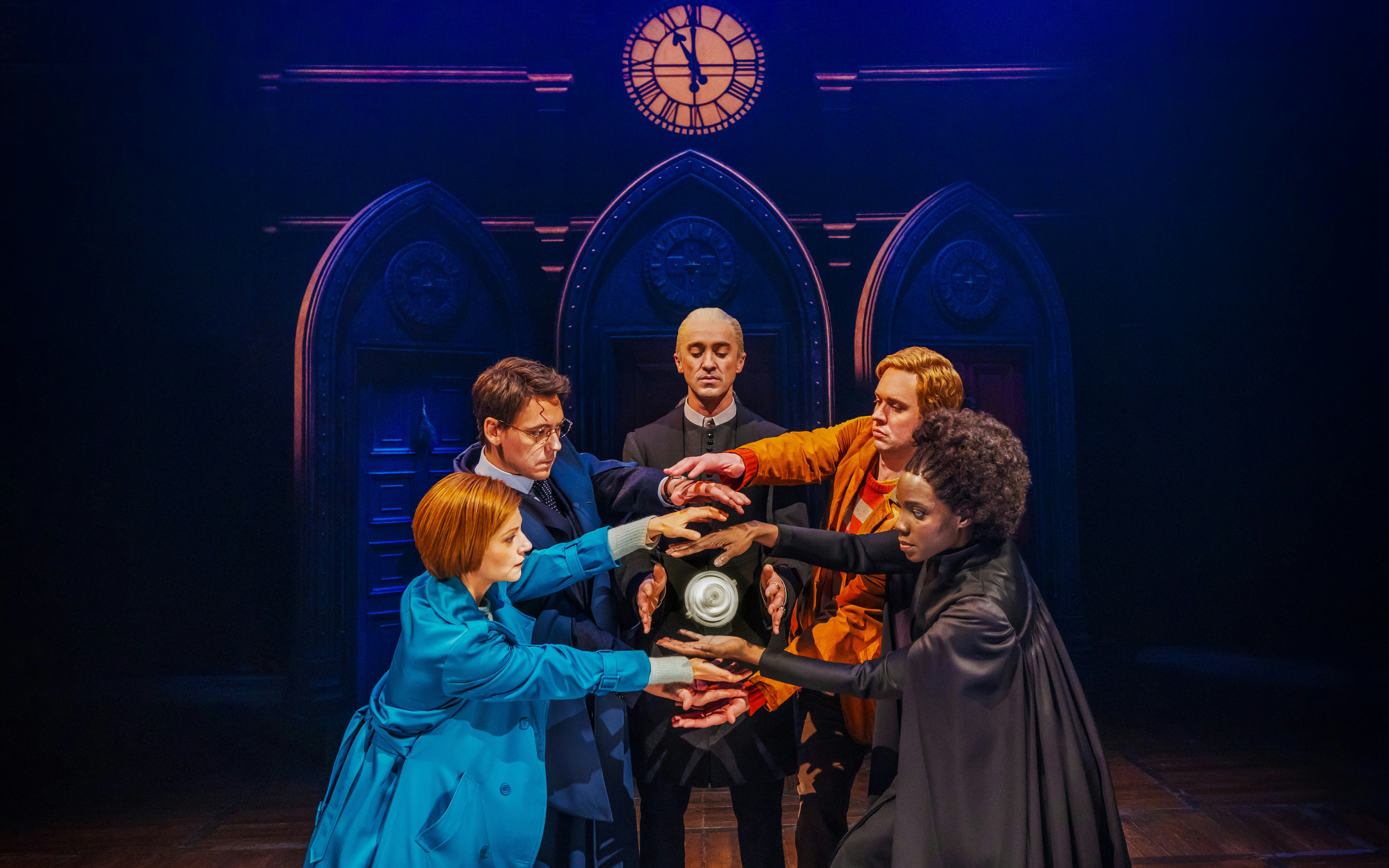 Actors performing a magical scene in Harry Potter and the Cursed Child on Broadway.