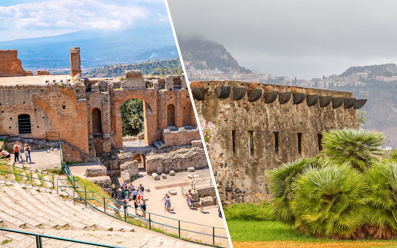 Taormina Ancient Theatre ruins and Naxos Archaeological Museum with scenic views.