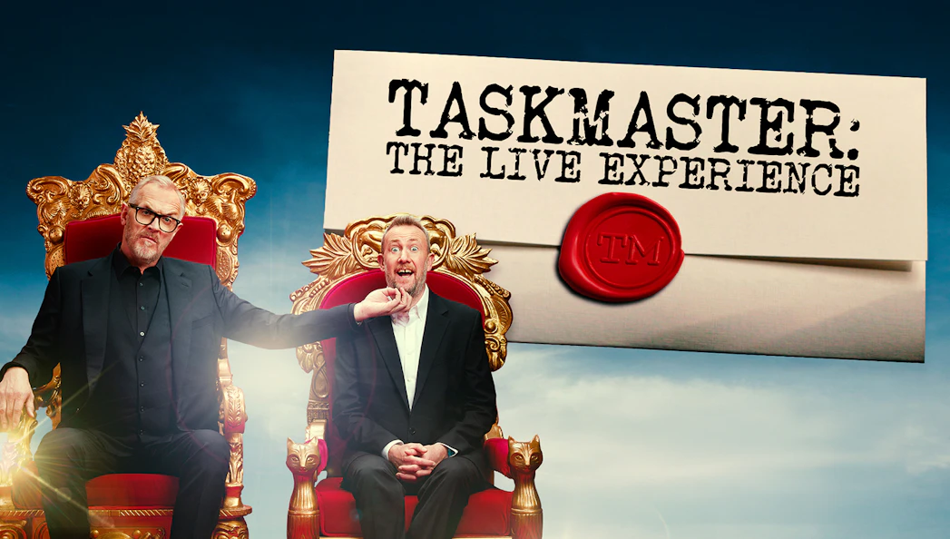 Taskmasters the Live Experience promotional image with two men on ornate chairs