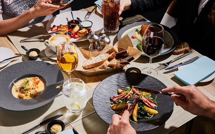 Gourmet lunch with wine and bread at Orsay Museum, Paris.